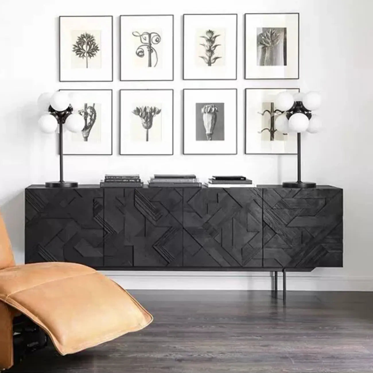 Buffet moderne en bois noir géométrique avec placards