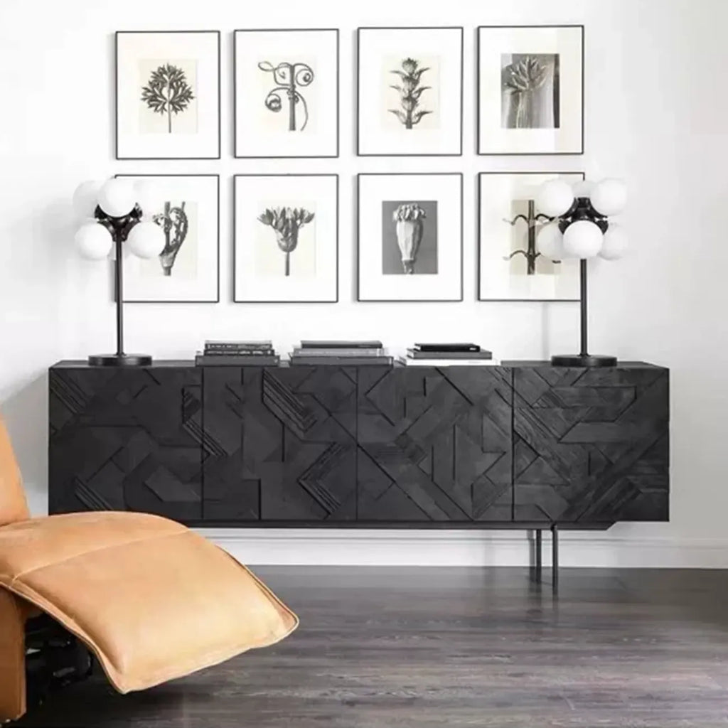 Buffet moderne en bois noir géométrique avec placards