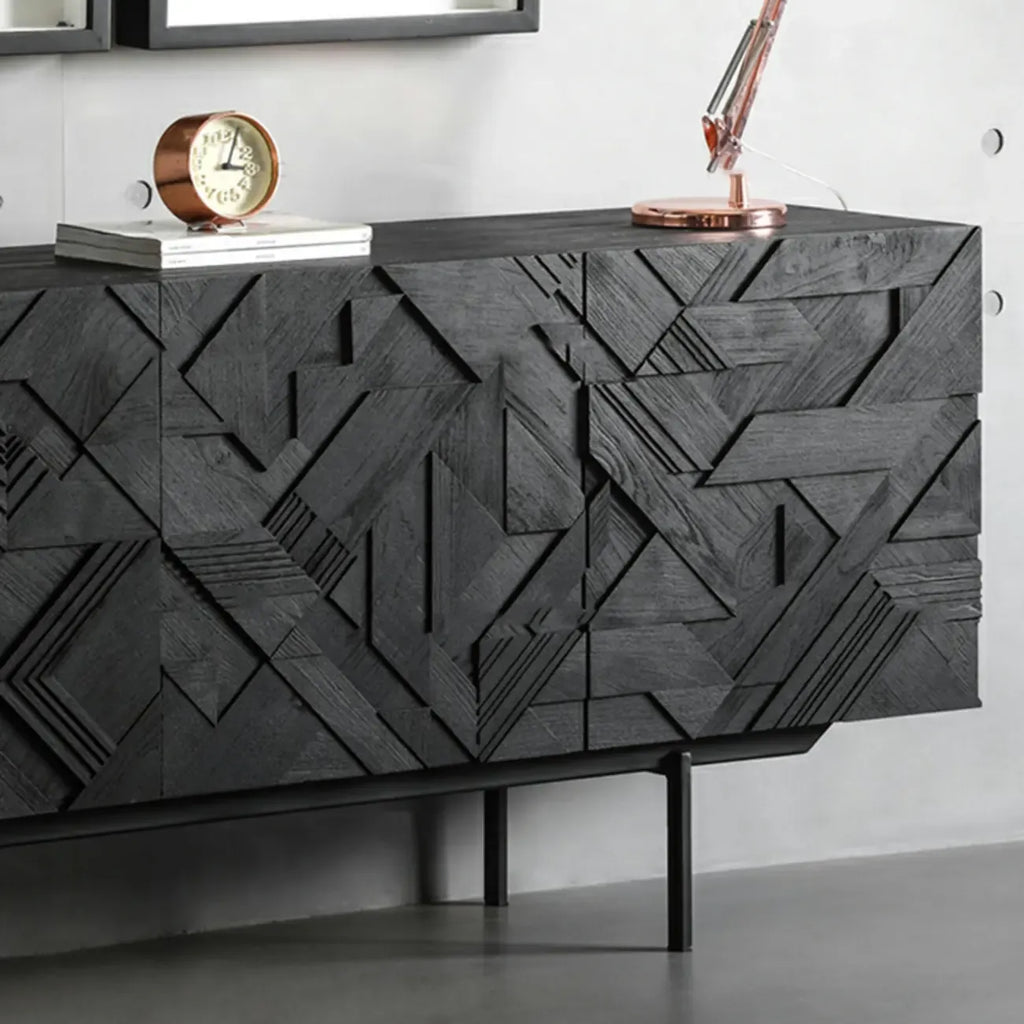 Buffet moderne en bois noir géométrique avec placards
