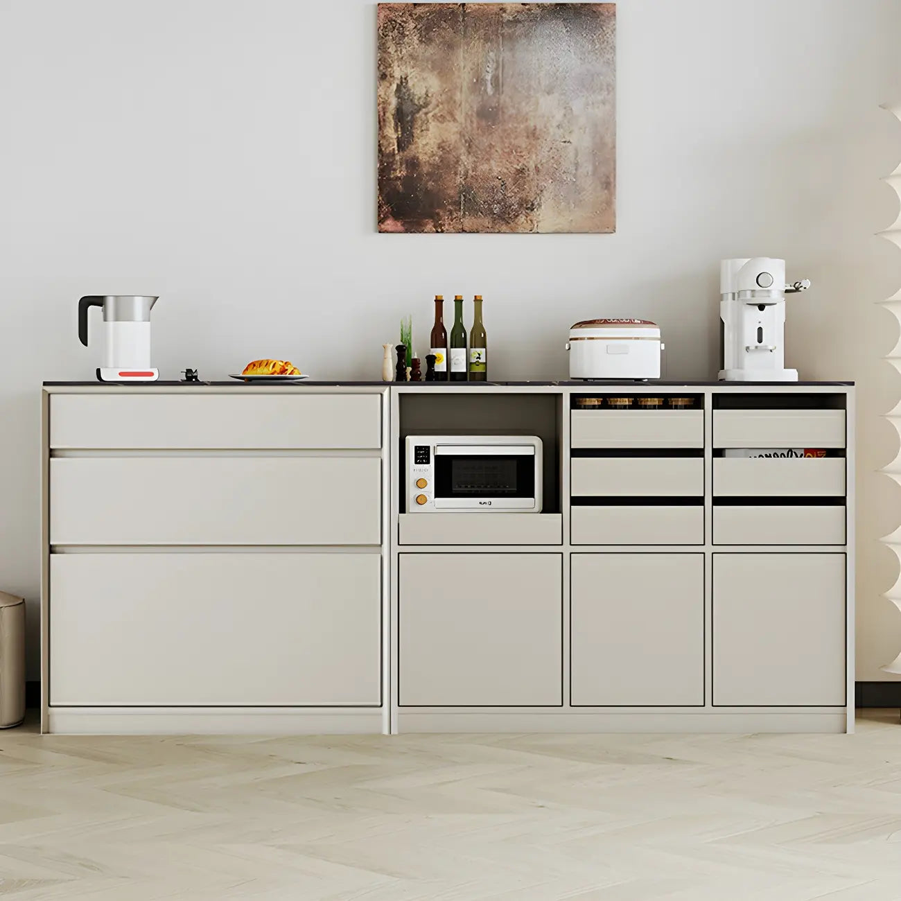 Buffet contemporain avec comptoir en pierre et tiroirs
