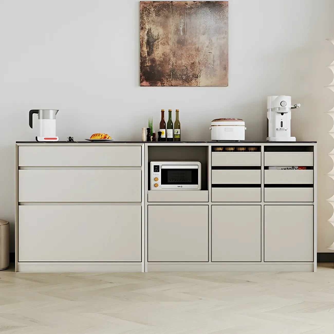 Buffet contemporain avec comptoir en pierre et tiroirs