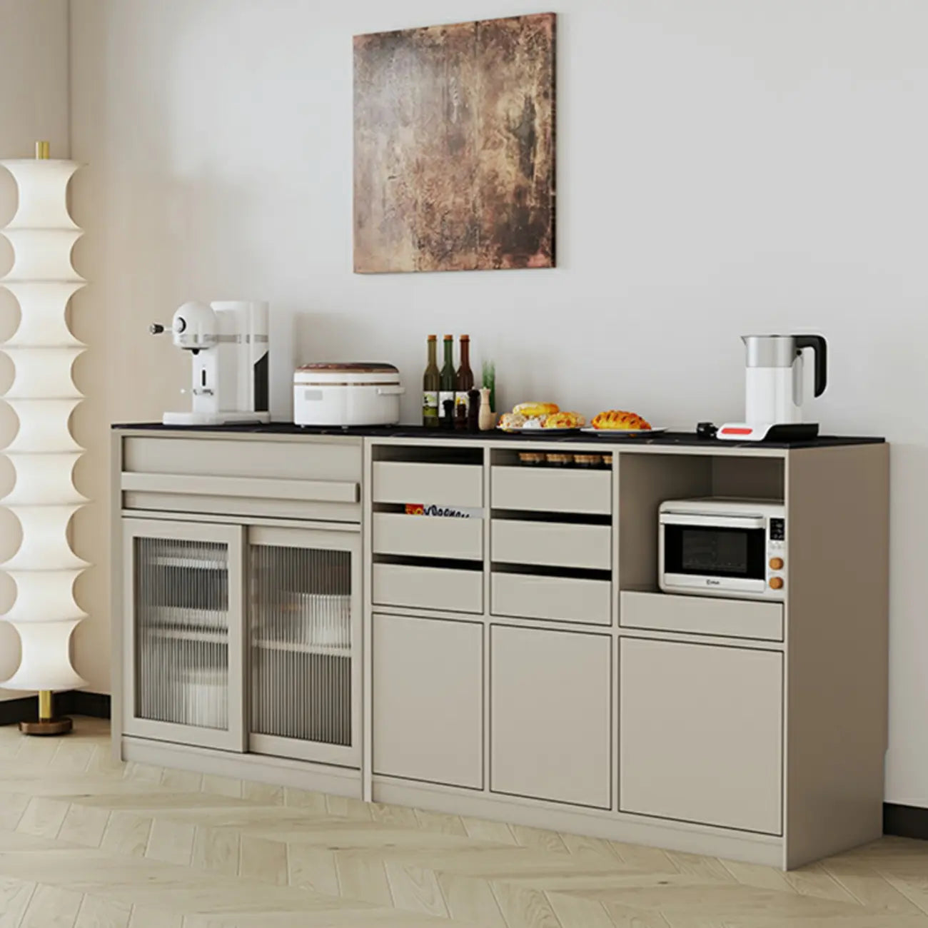 Buffet contemporain avec comptoir en pierre et tiroirs