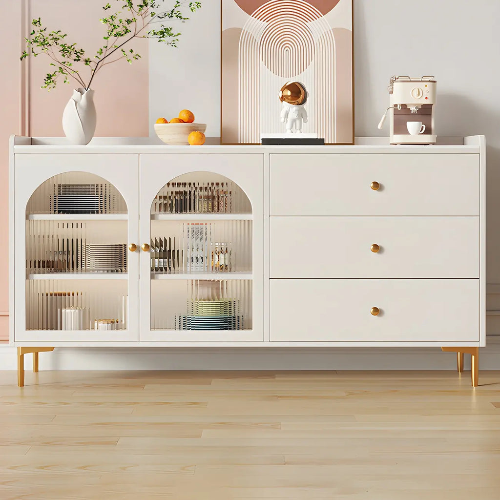 Buffet élégant en bois blanc avec tiroirs et étagères