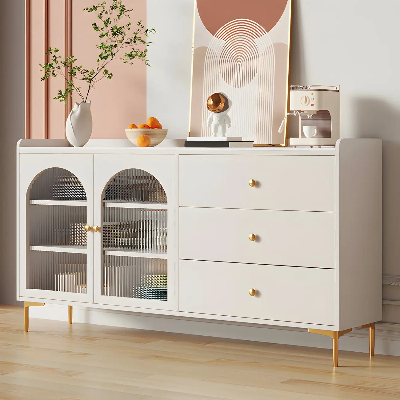 Buffet élégant en bois blanc avec tiroirs et étagères