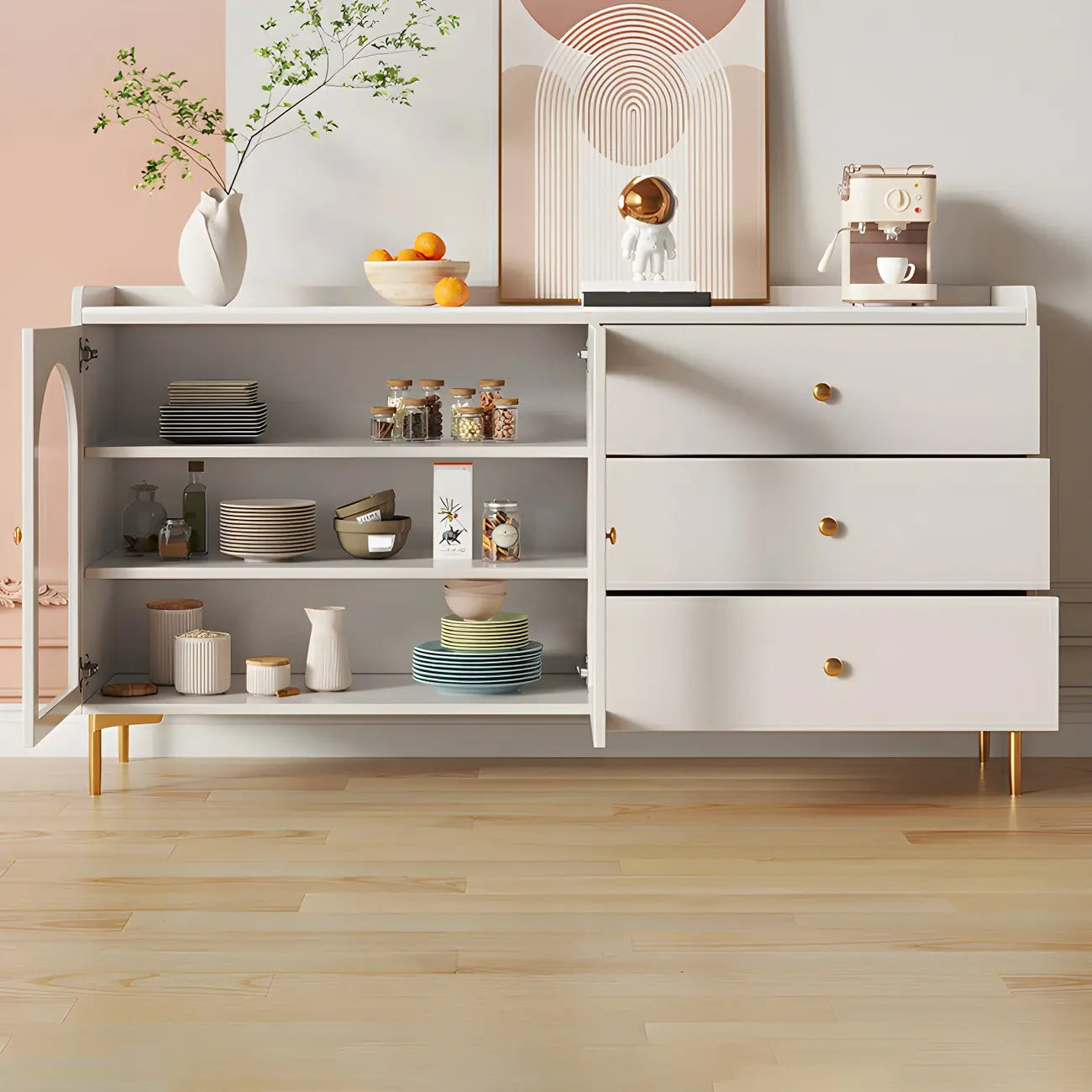 Buffet élégant en bois blanc avec tiroirs et étagères
