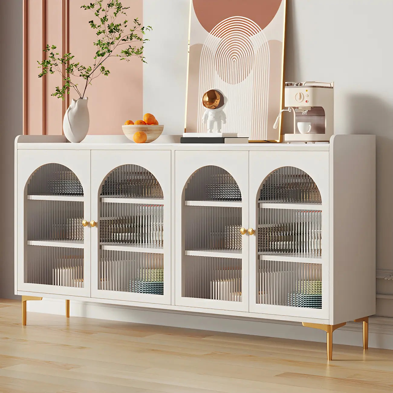 Buffet élégant en bois blanc avec tiroirs et étagères