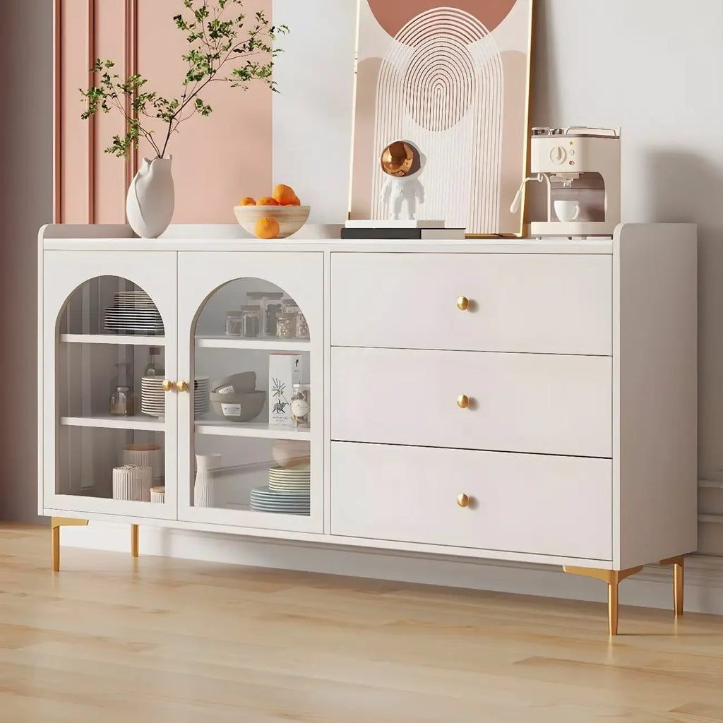 Buffet élégant en bois blanc avec tiroirs et étagères