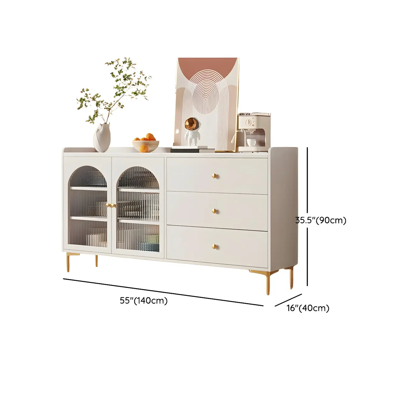 Buffet élégant en bois blanc avec tiroirs et étagères
