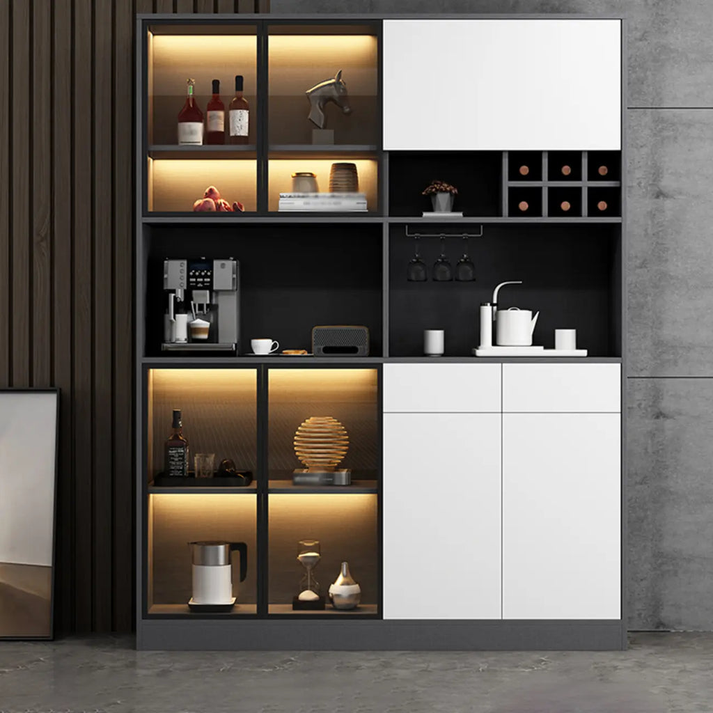 Buffet gris moderne avec portes, tiroirs et placards en verre