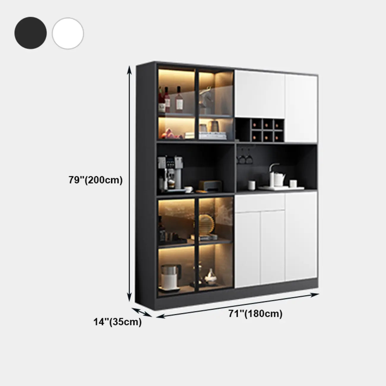 Buffet gris moderne avec portes, tiroirs et placards en verre