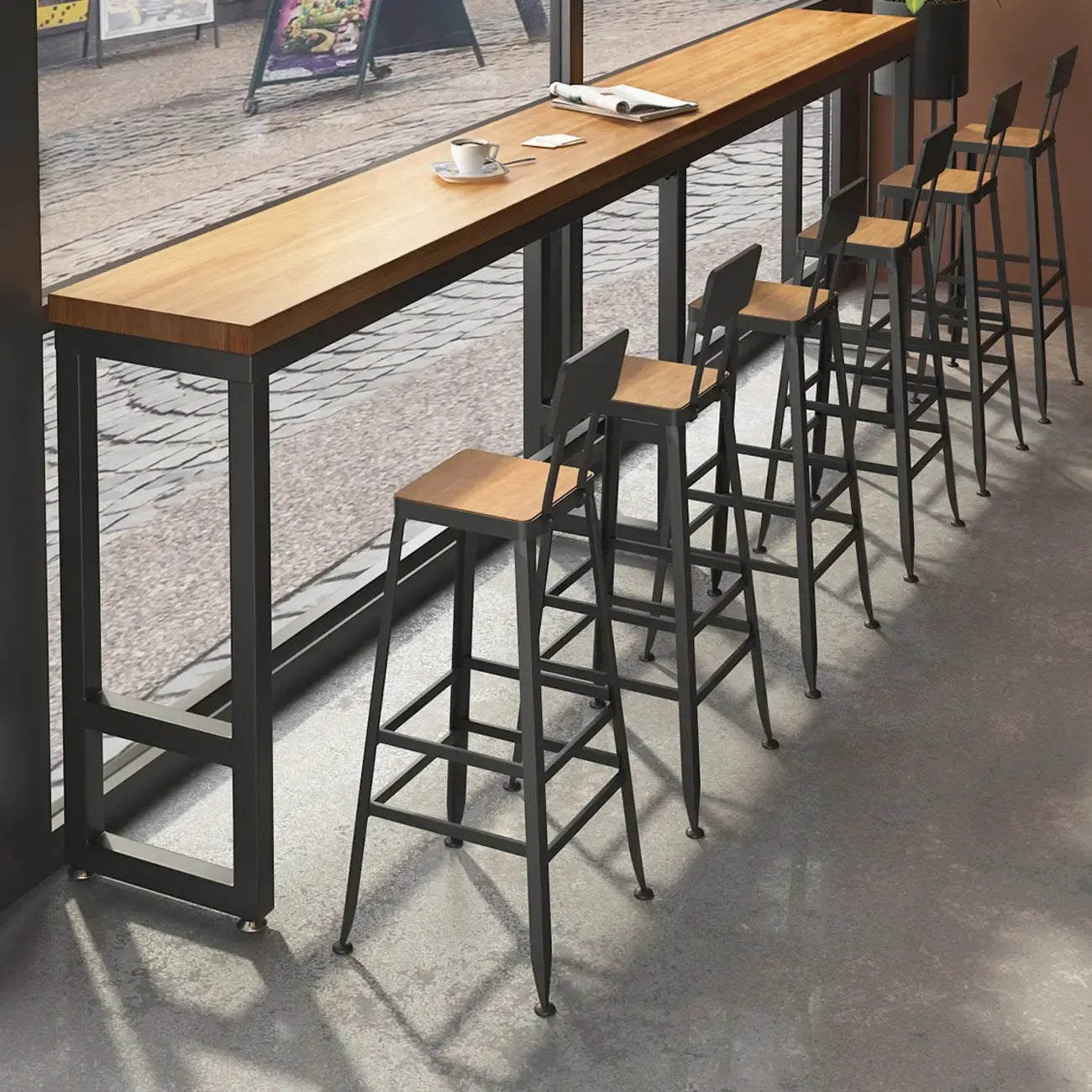 Ensemble de bar industriel en bois massif avec pieds en métal