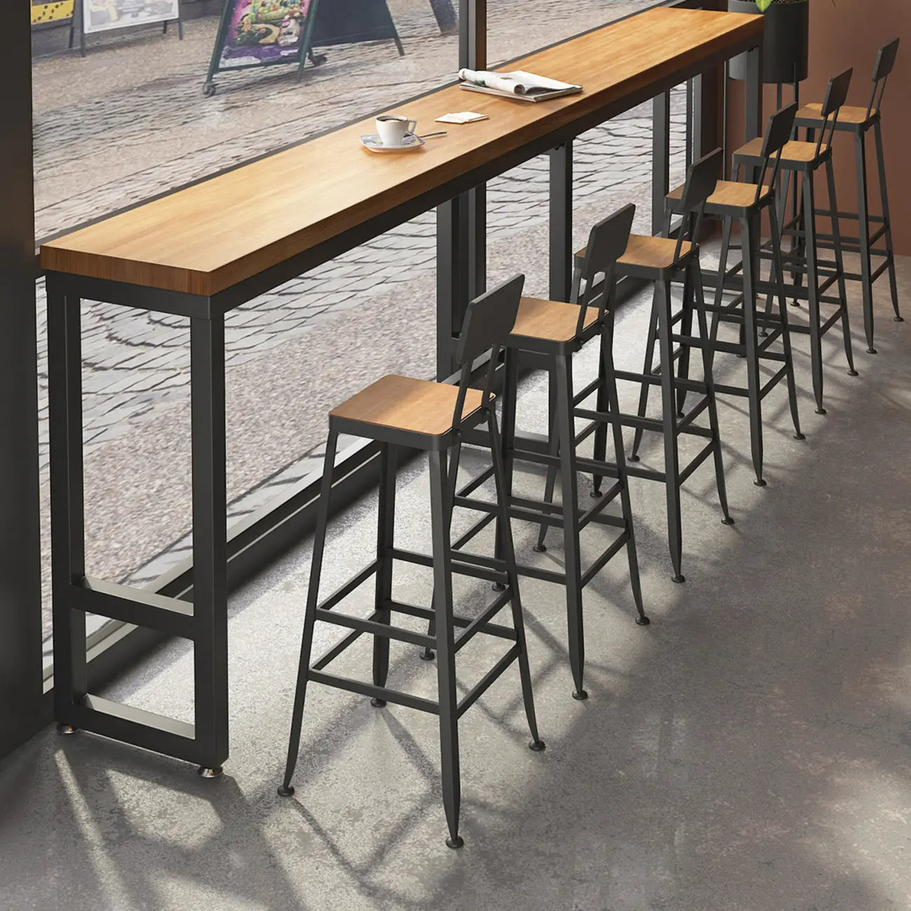 Ensemble de bar industriel en bois massif avec pieds en métal