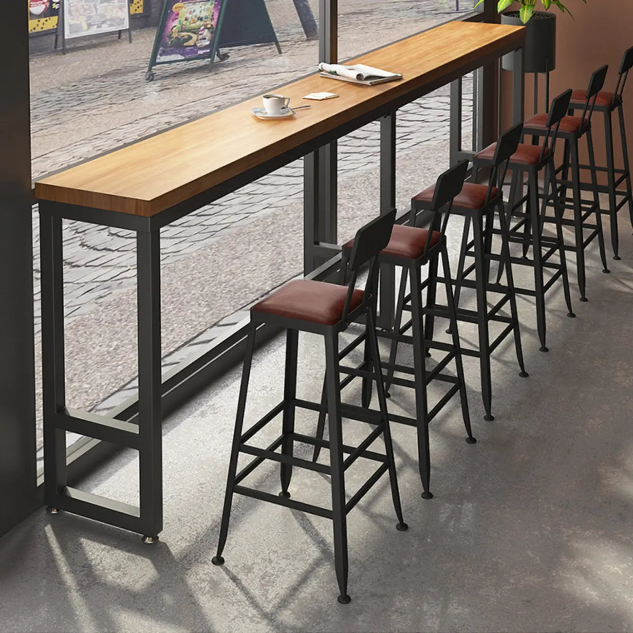 Ensemble de bar industriel en bois massif avec pieds en métal