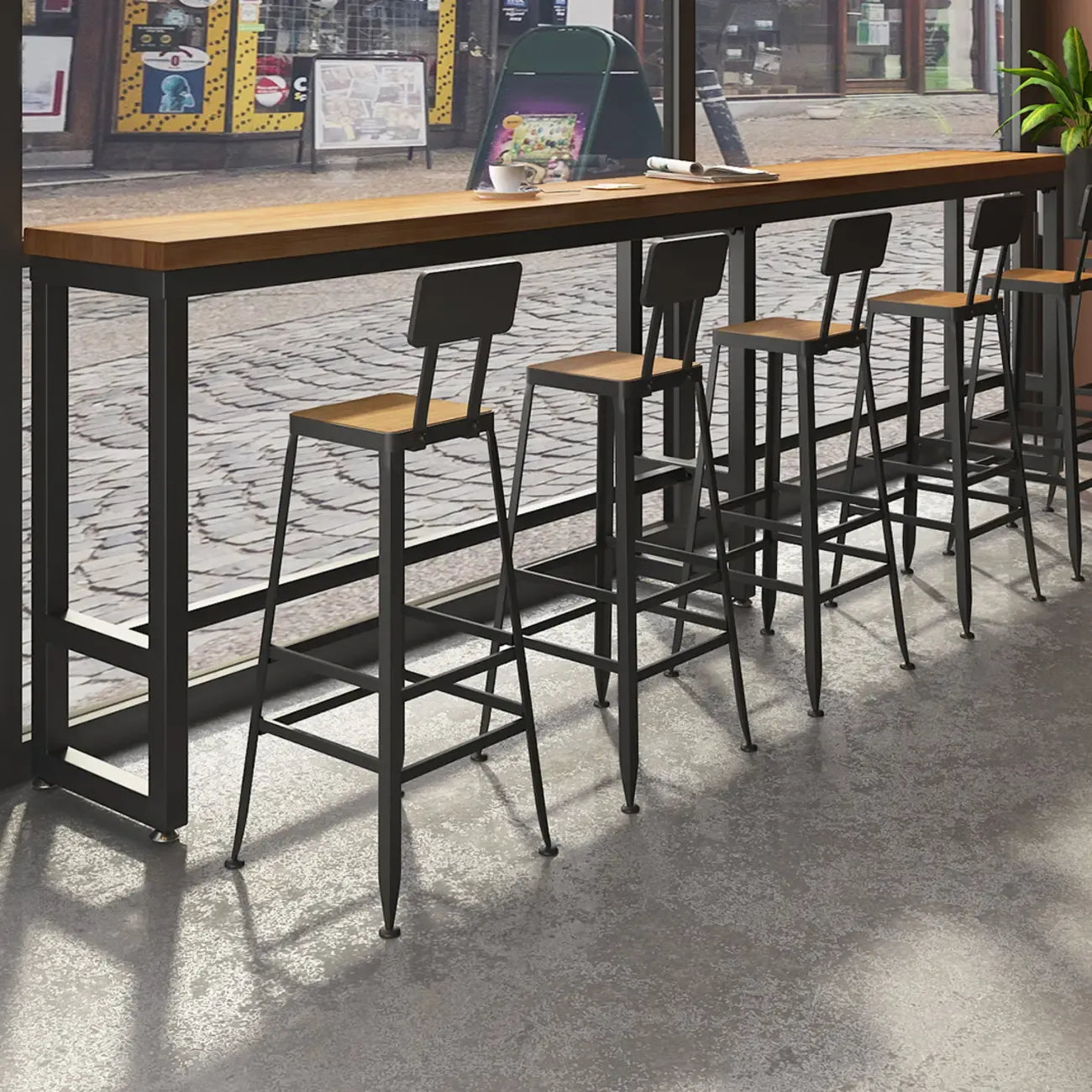 Ensemble de bar industriel en bois massif avec pieds en métal