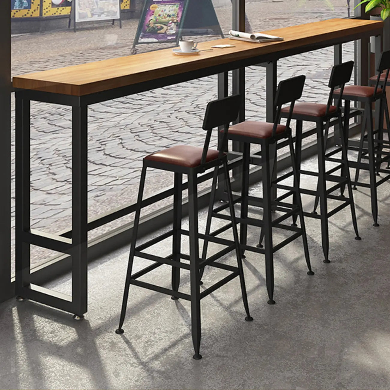 Ensemble de bar industriel en bois massif avec pieds en métal