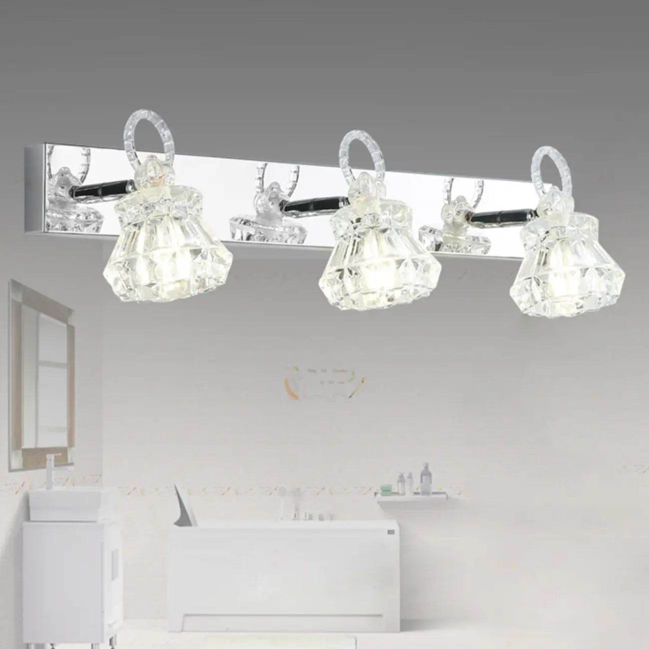 Applique murale de luxe argentée à 3 têtes avec verre transparent pour salle de bain
