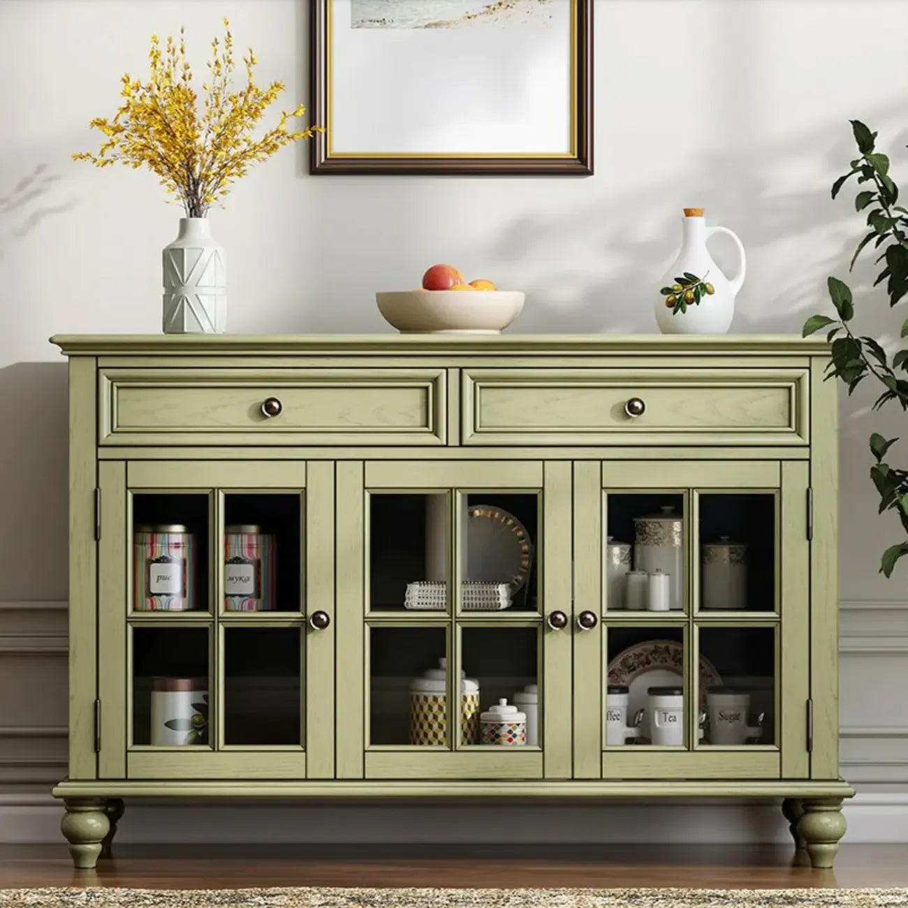 Buffet en bois vert style campagne française avec tiroirs