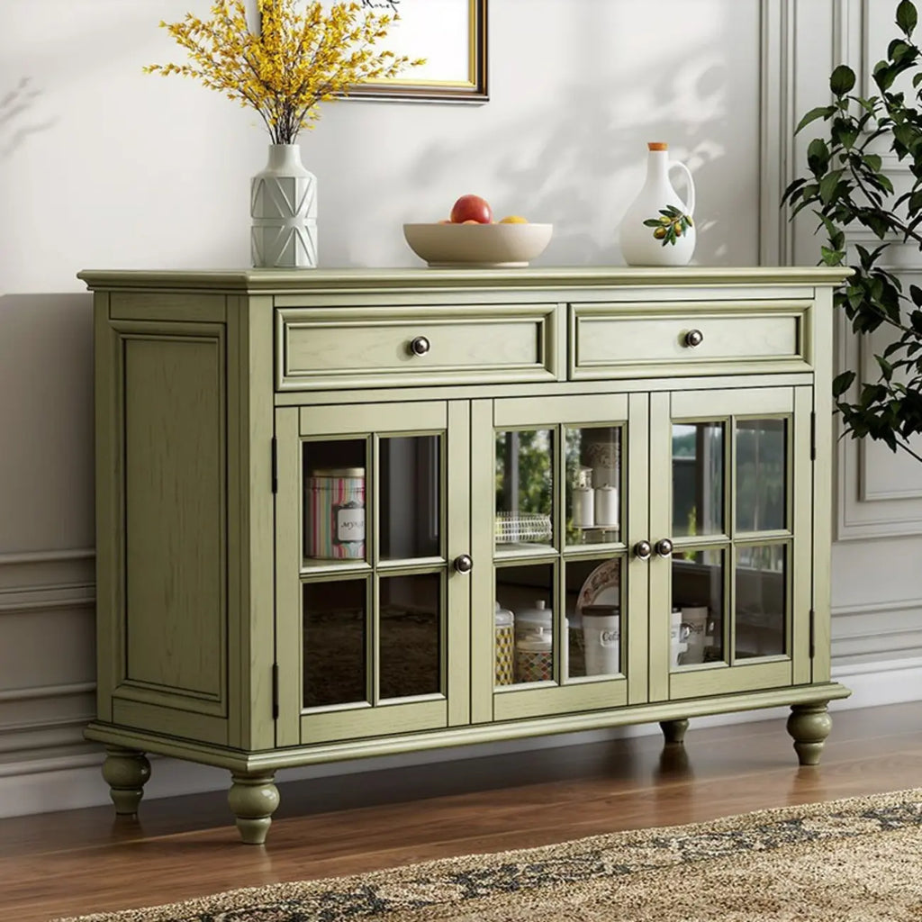 Buffet en bois vert style campagne française avec tiroirs