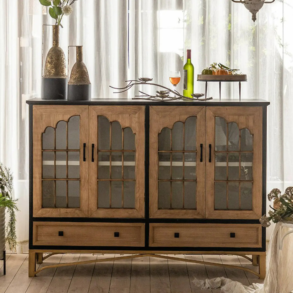 Credenza 16W rustica marrone in legno con ante in vetro e cassetto