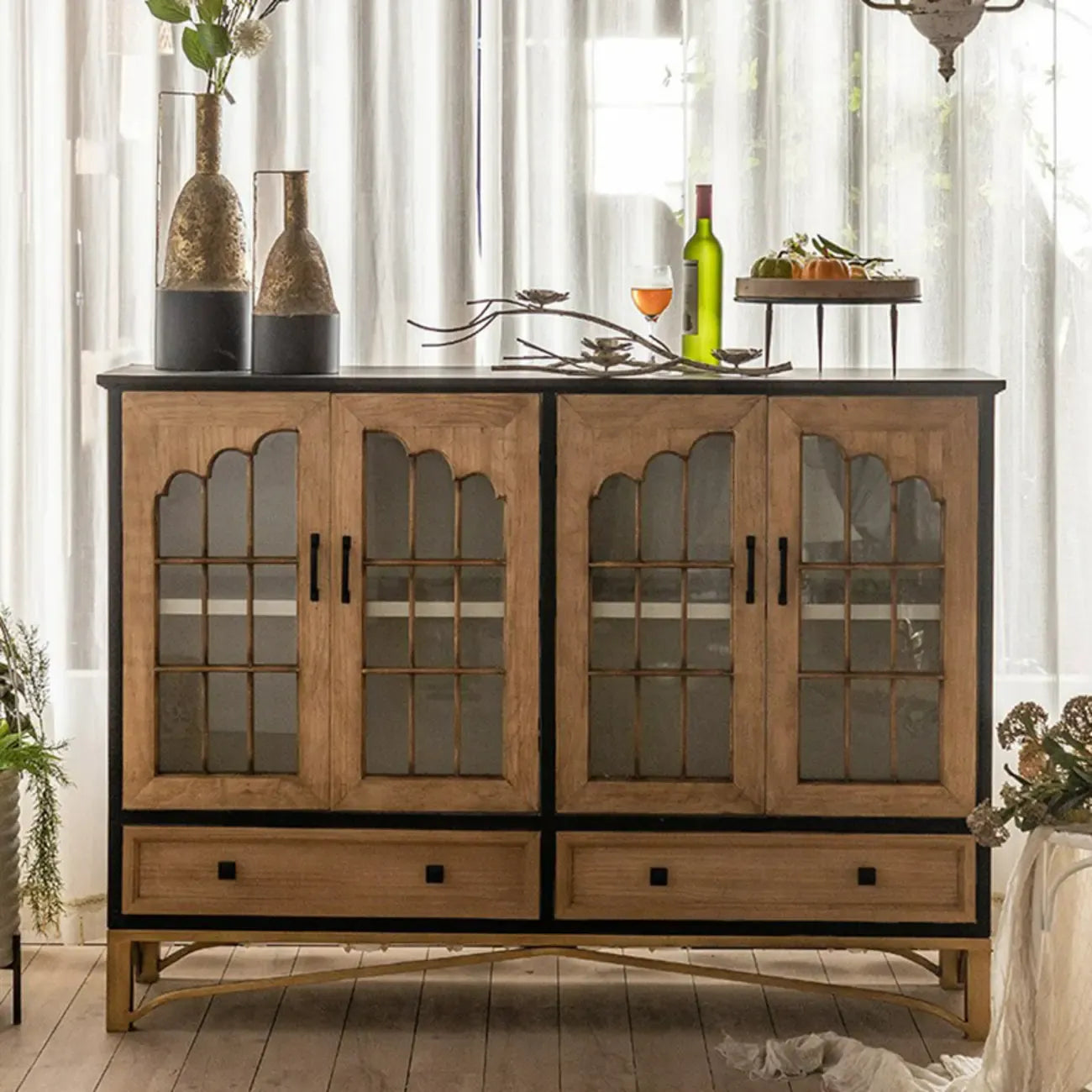 Credenza 16W rustica marrone in legno con ante in vetro e cassetto