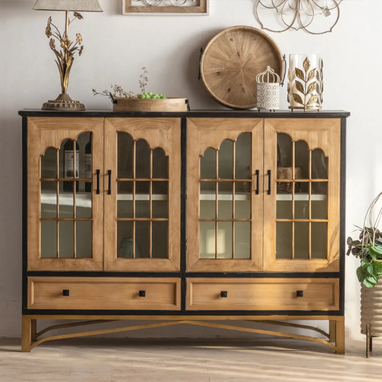 Credenza 16W rustica marrone in legno con ante in vetro e cassetto