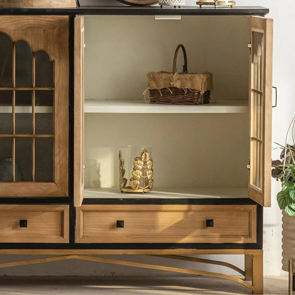 Credenza 16W rustica marrone in legno con ante in vetro e cassetto