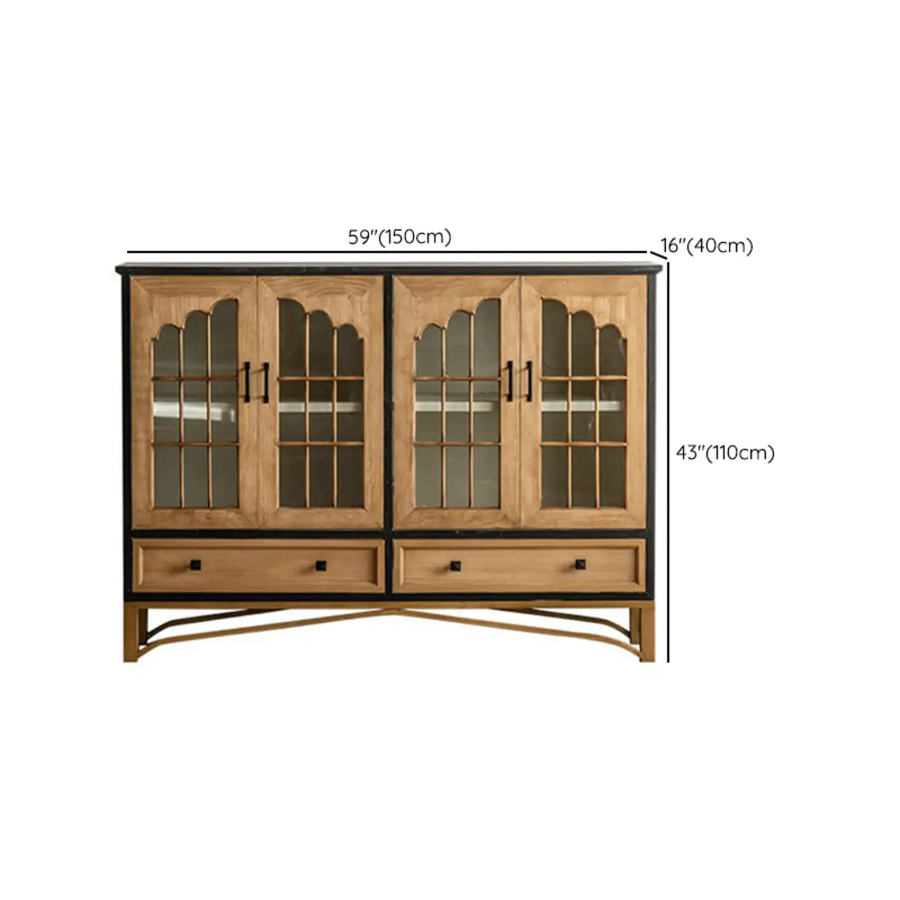 Credenza 16W rustica marrone in legno con ante in vetro e cassetto