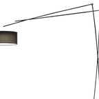 Lampada da terra ad arco unica in metallo nero con paralume a tamburo in tessuto