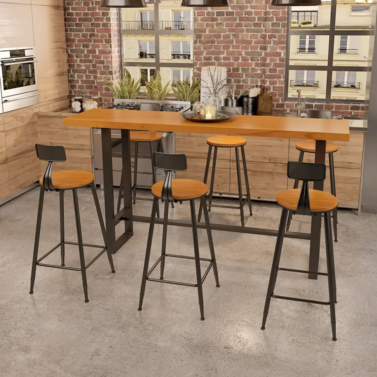 Ensemble table et table de bar en bois de style industriel avec piètement en métal noir