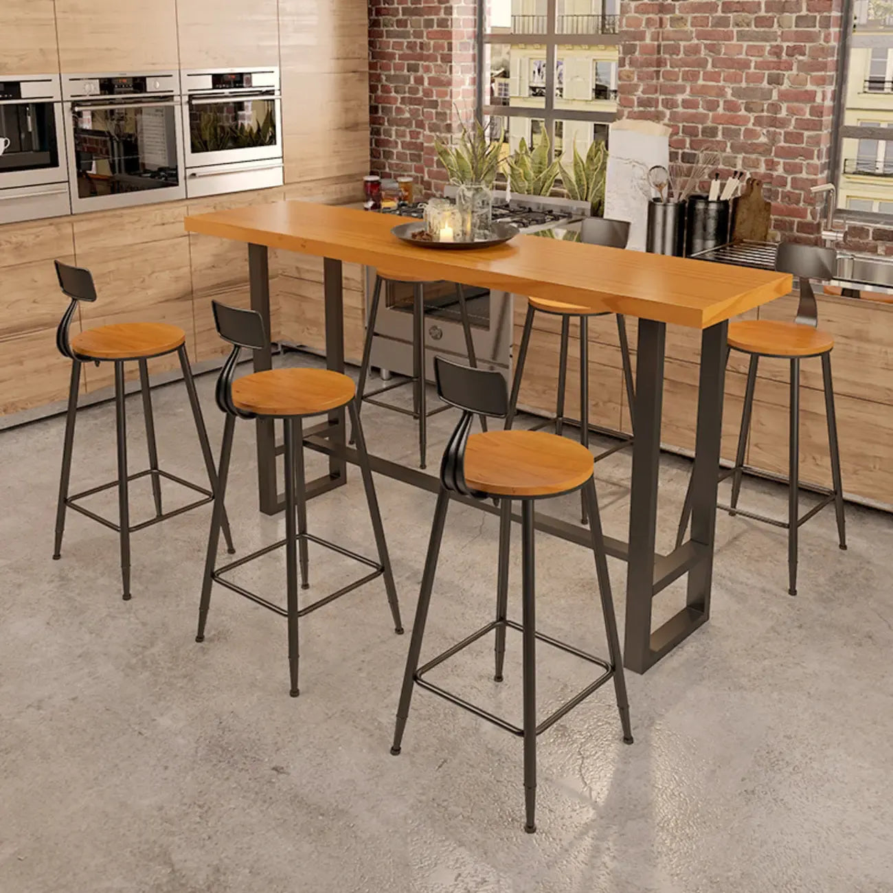 Ensemble table et table de bar en bois de style industriel avec piètement en métal noir