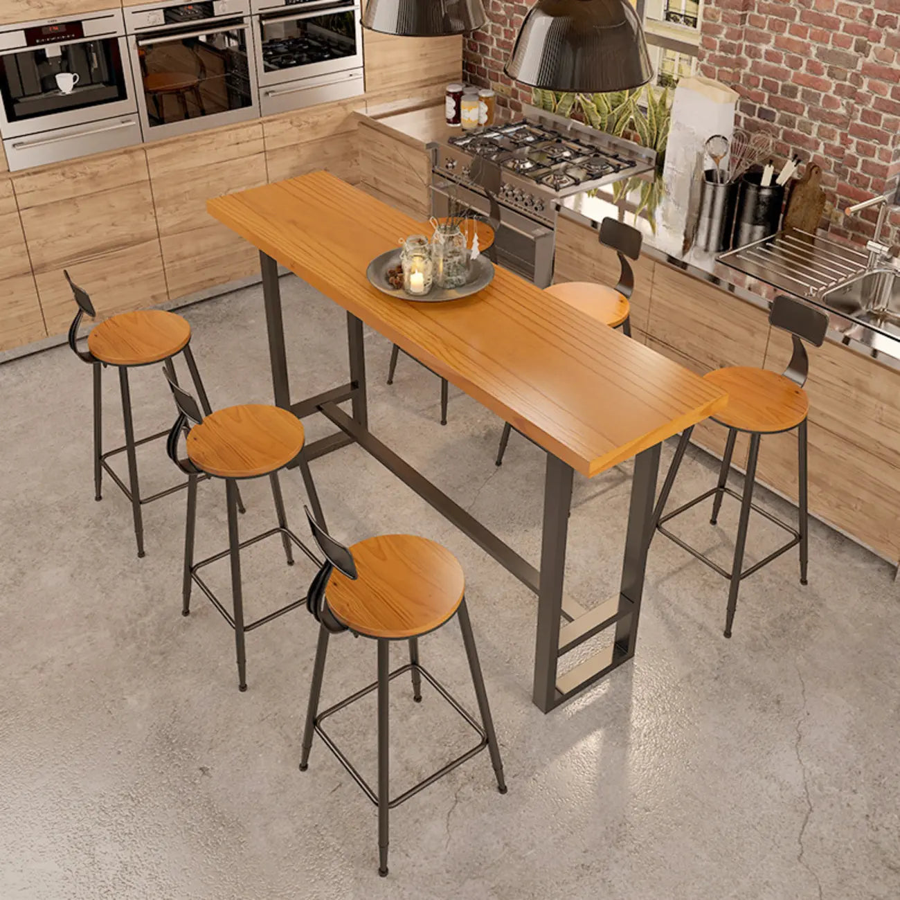 Ensemble table et table de bar en bois de style industriel avec piètement en métal noir
