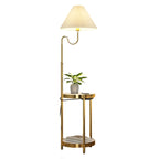 Lampadaire linéaire moderne doré avec étagère et abat-jour plissé