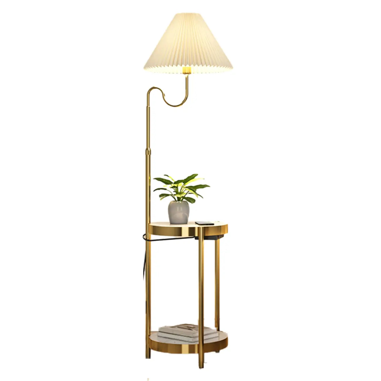 Lampadaire linéaire moderne doré avec étagère et abat-jour plissé