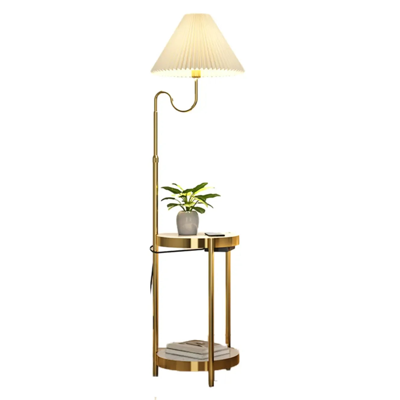 Lampadaire linéaire moderne doré avec étagère et abat-jour plissé