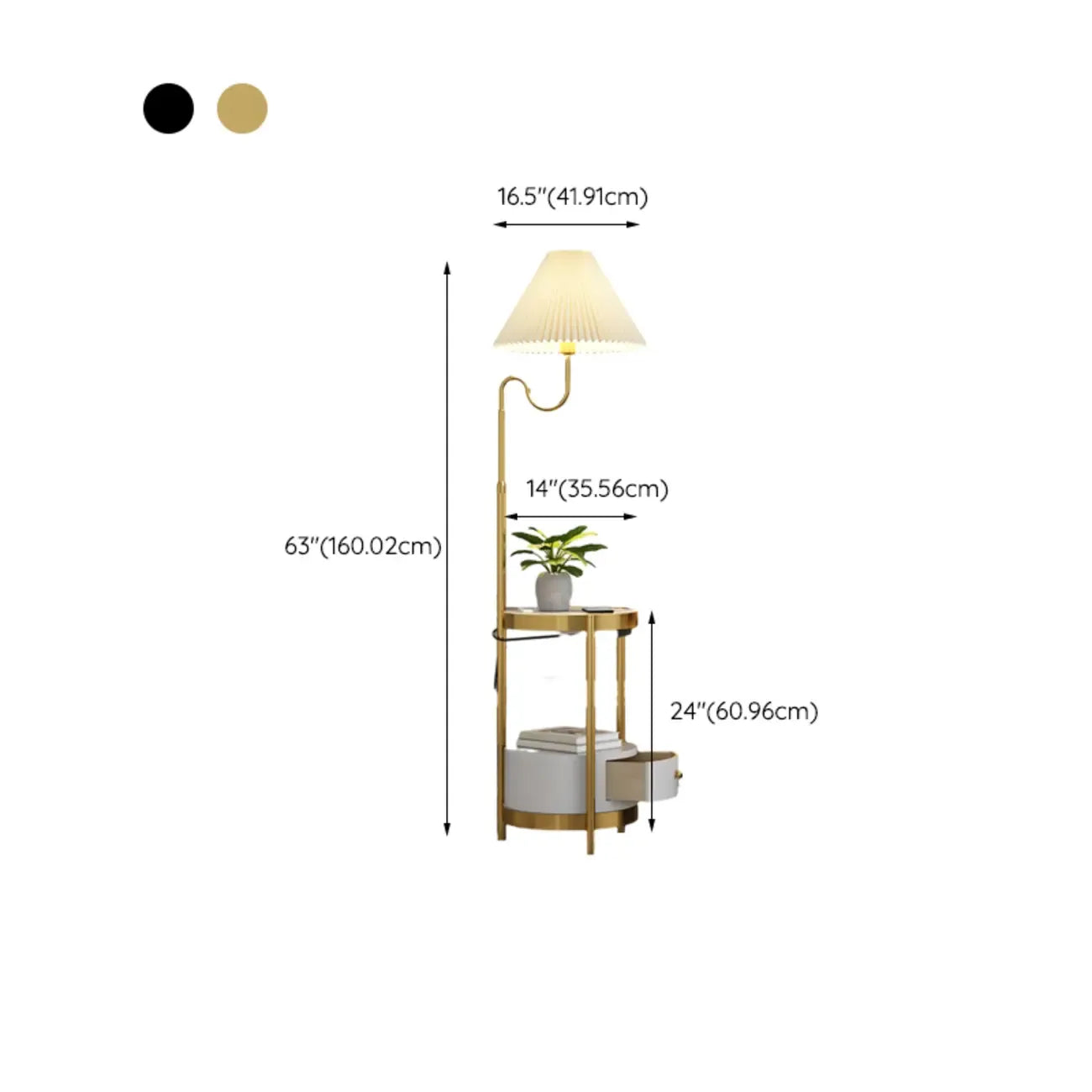 Lampadaire linéaire moderne doré avec étagère et abat-jour plissé