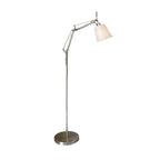 Lampada da terra orientabile in argento con paralume a tamburo in tessuto