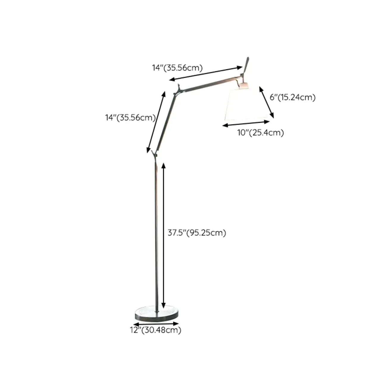 Lampada da terra orientabile in argento con paralume a tamburo in tessuto