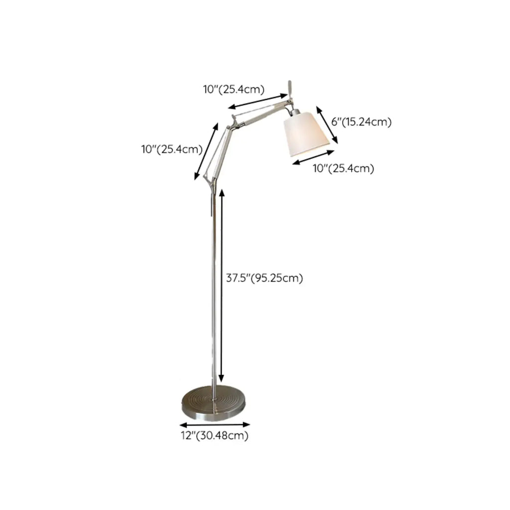 Lampada da terra orientabile in argento con paralume a tamburo in tessuto