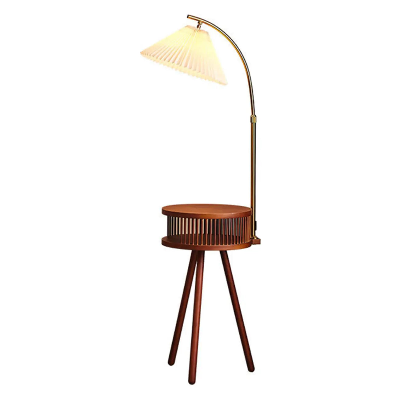 Lampadaire moderne avec abat-jour en tissu couleur bois et étagère trépied