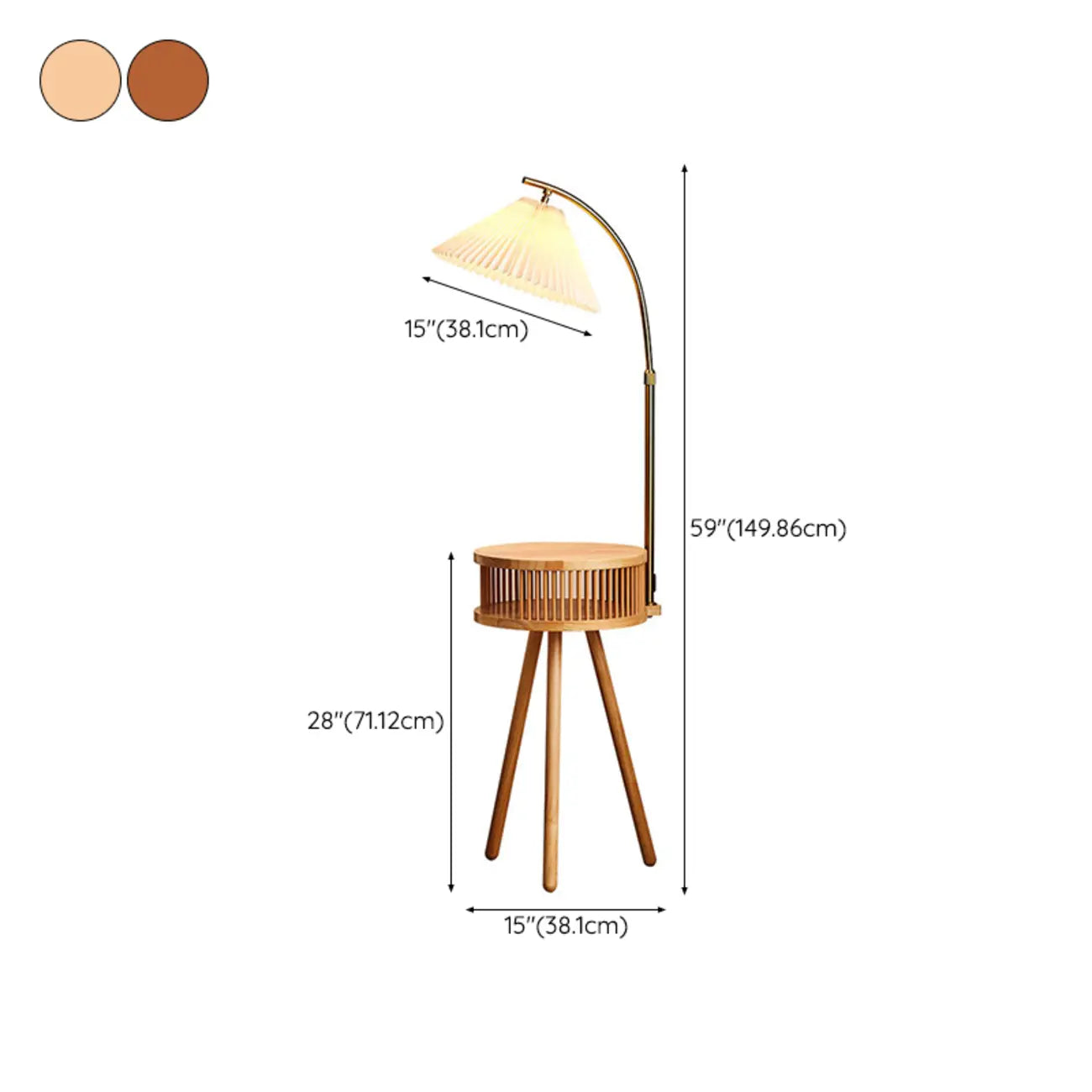 Lampadaire moderne avec abat-jour en tissu couleur bois et étagère trépied
