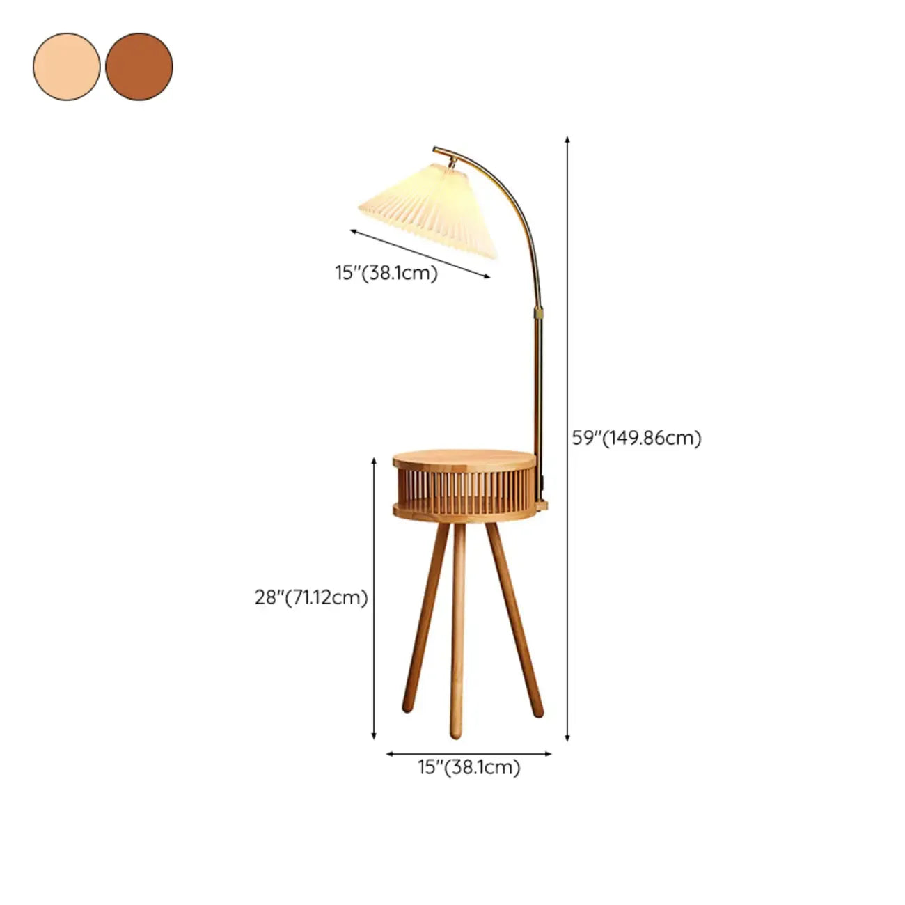 Lampadaire moderne avec abat-jour en tissu couleur bois et étagère trépied