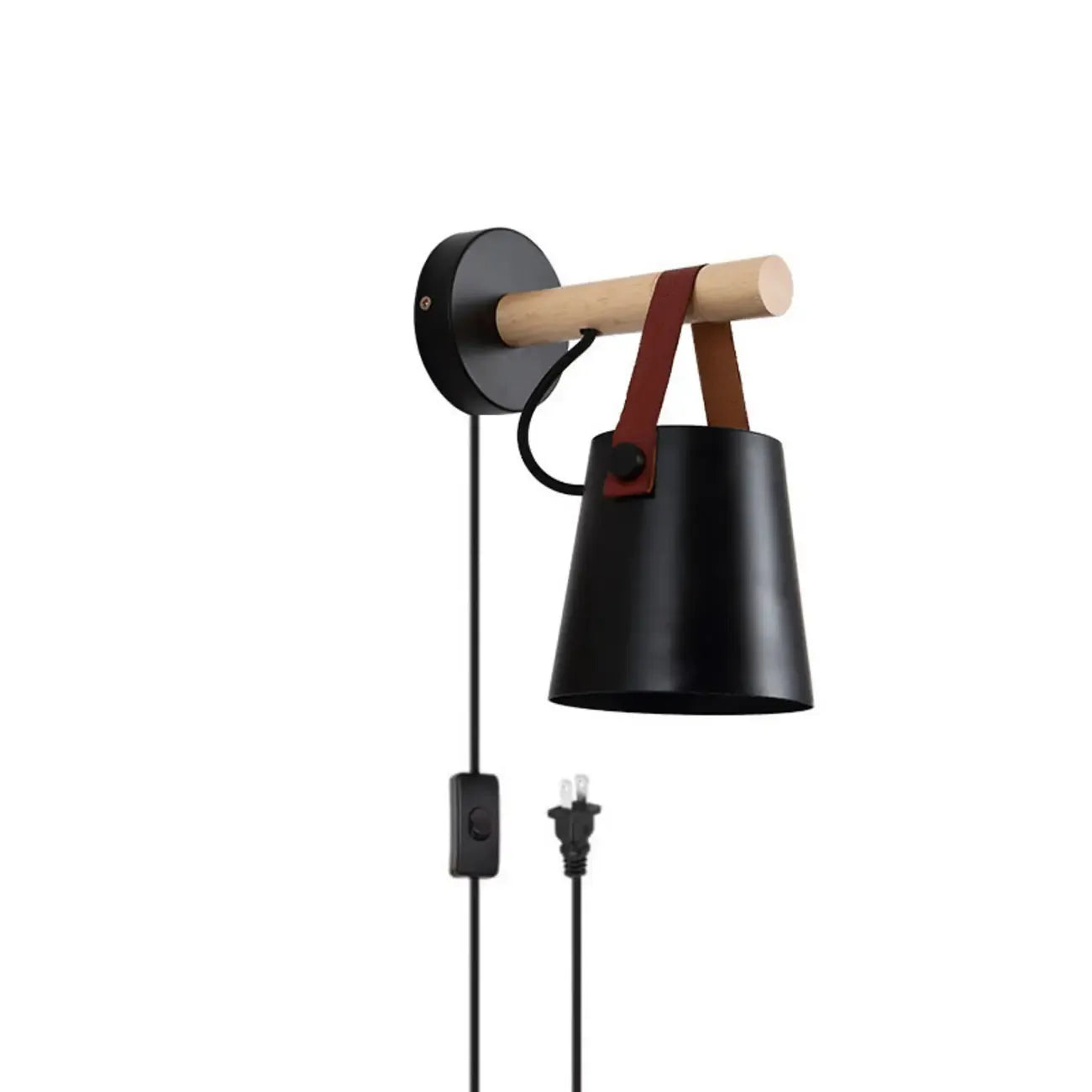 Lampada da parete moderna in legno e metallo con cinghia in pelle