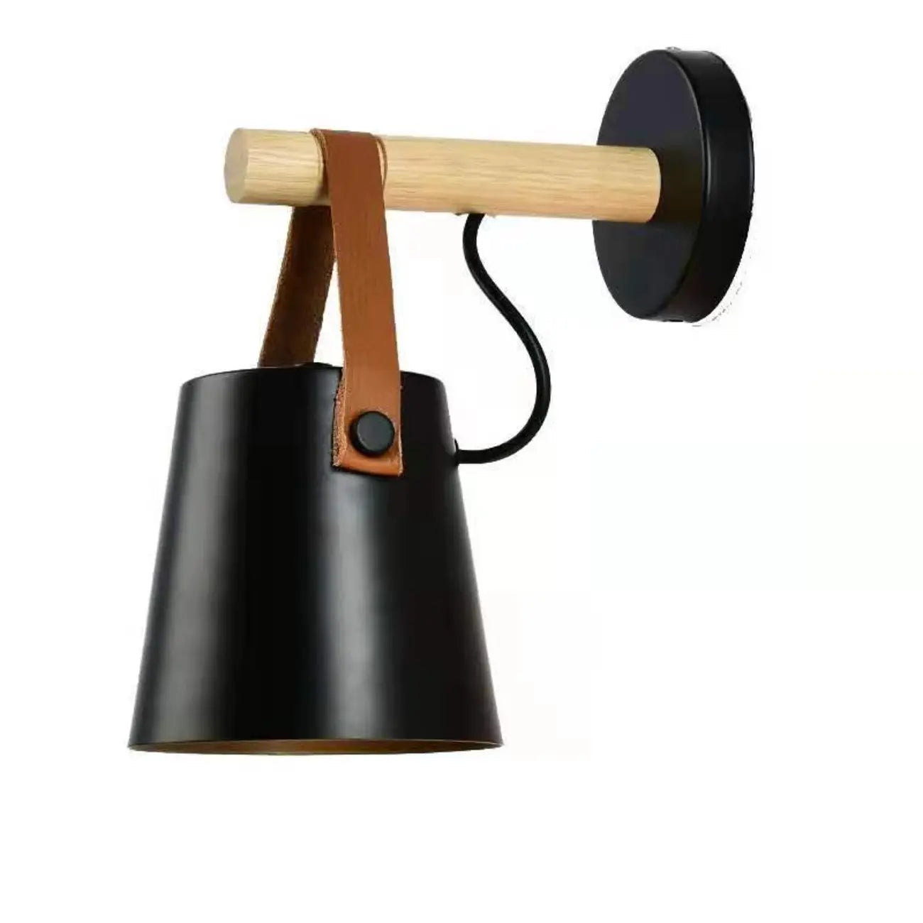 Lampada da parete moderna in legno e metallo con cinghia in pelle