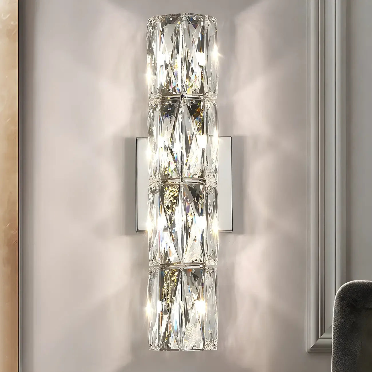 Applique murale cylindrique moderne à 4 lumières en cristal chromé