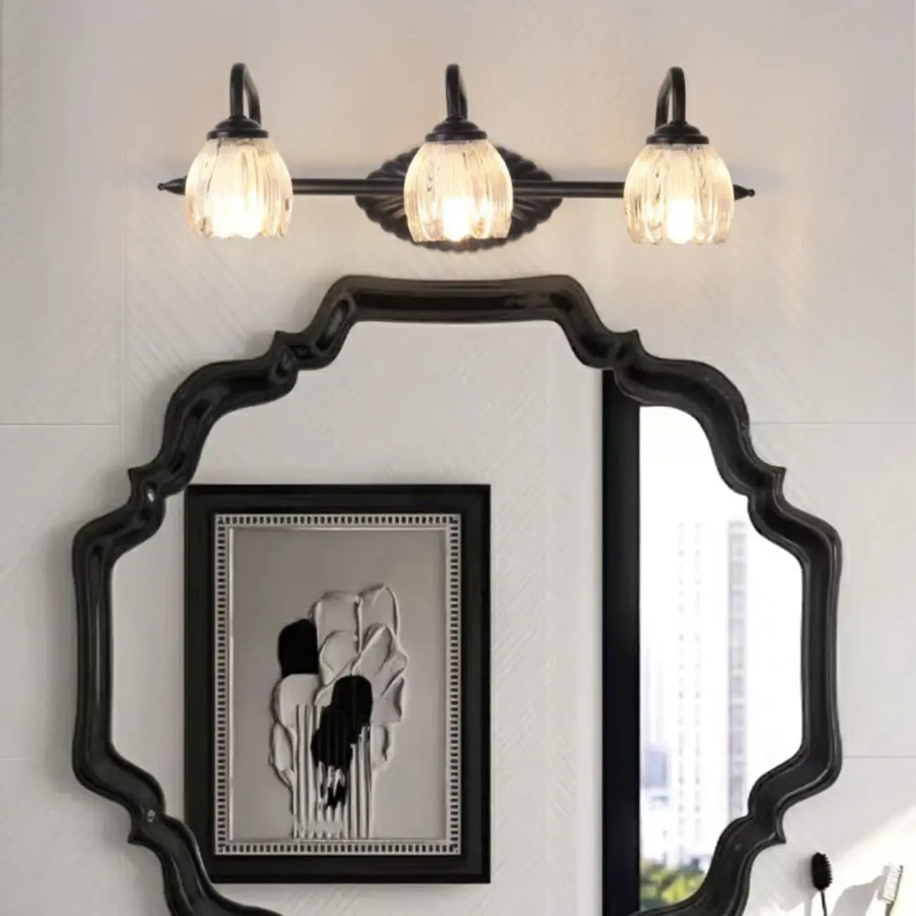 Applique da bagno vintage a 3 luci con paralume ad arco in vetro