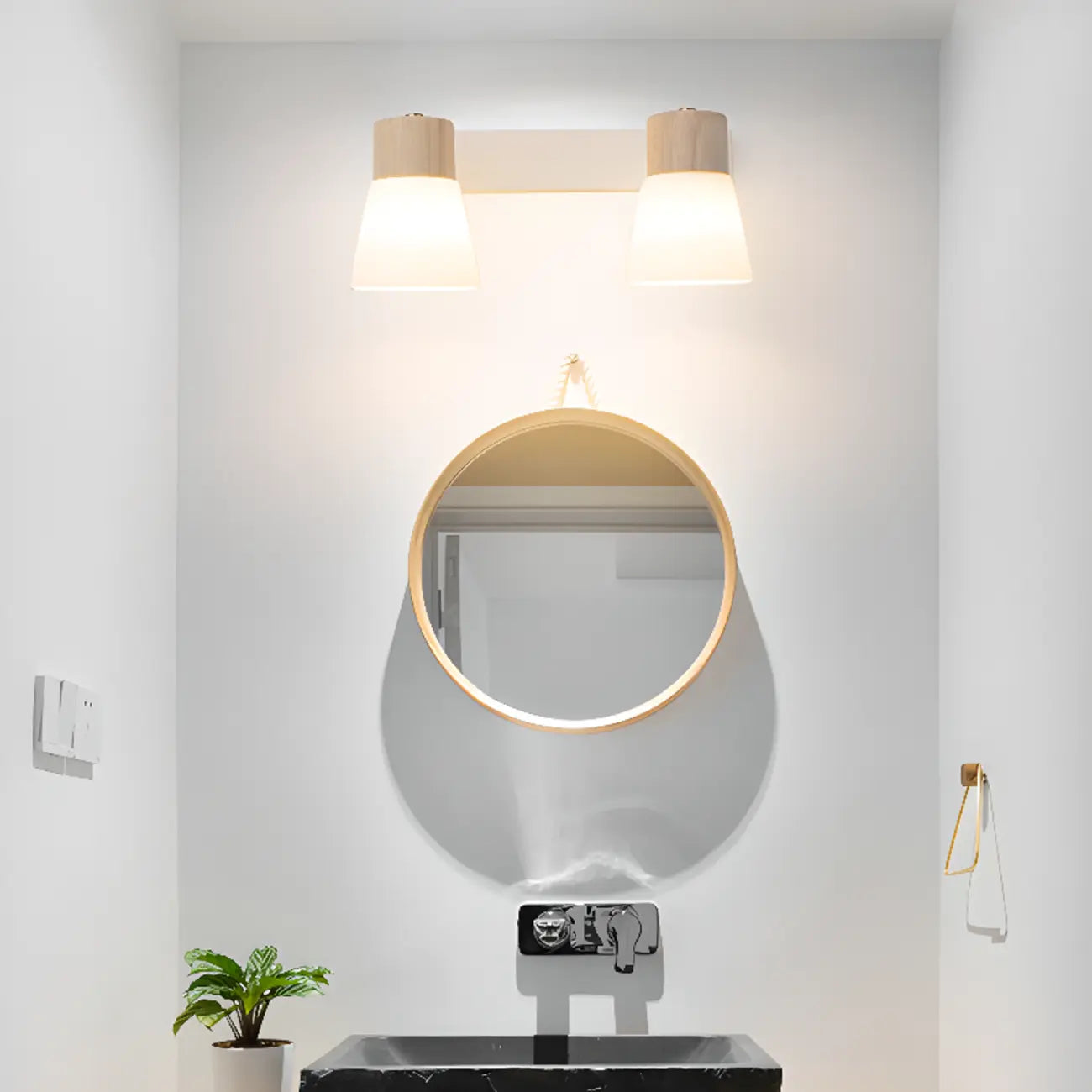 Applique murale moderne à 2 lumières en bois et verre pour salle de bain