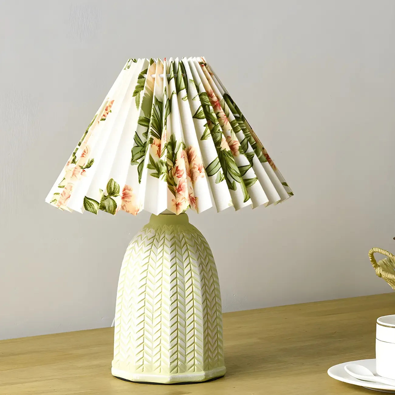Lampe de table en céramique à abat-jour plissé style champêtre