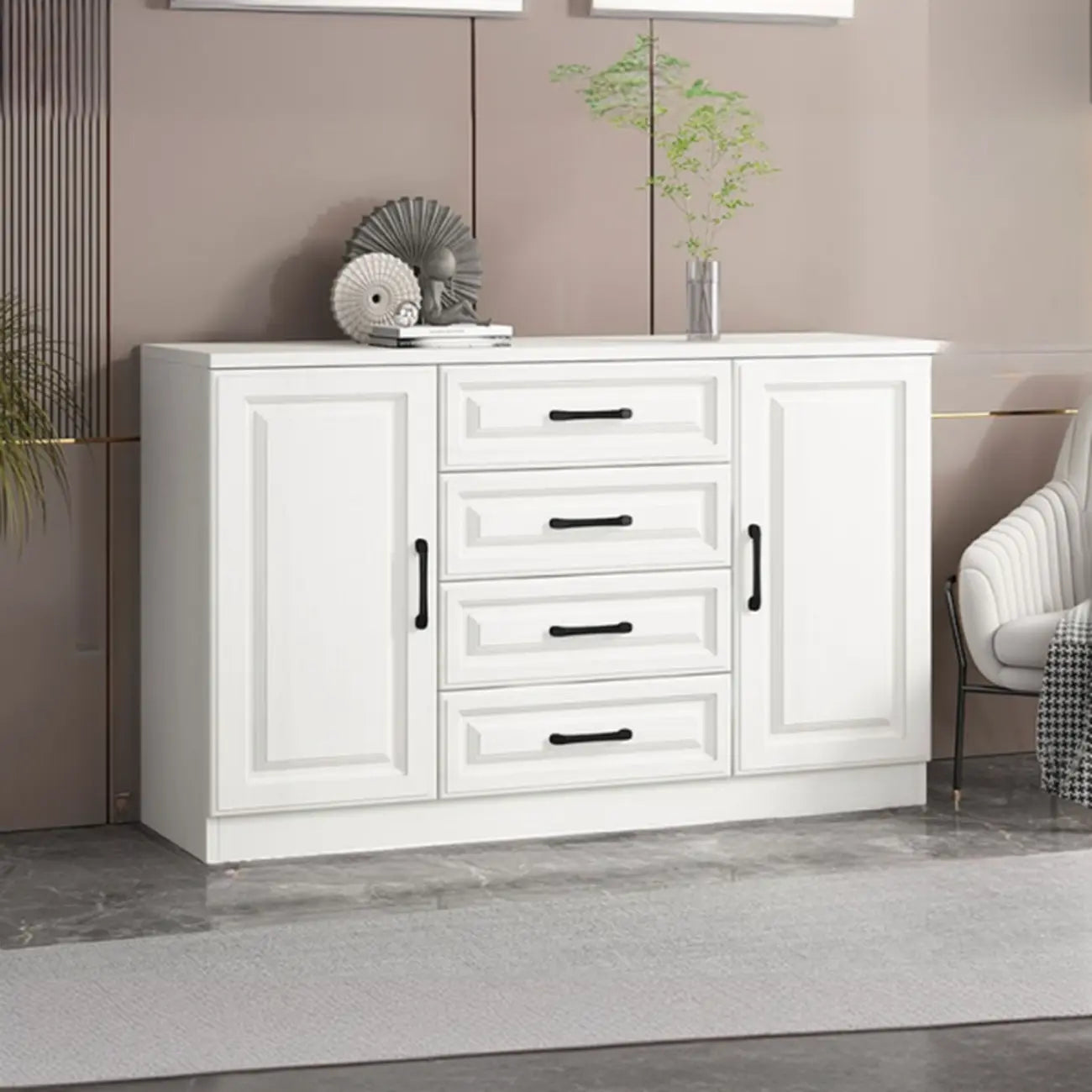 Meuble indépendant en bois blanc avec tiroirs et portes