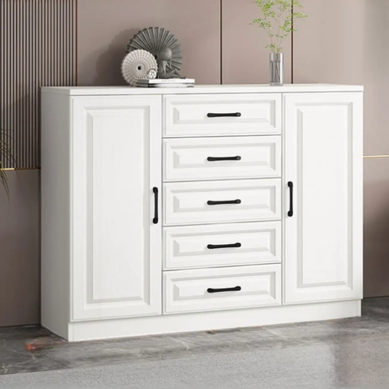 Meuble indépendant en bois blanc avec tiroirs et portes