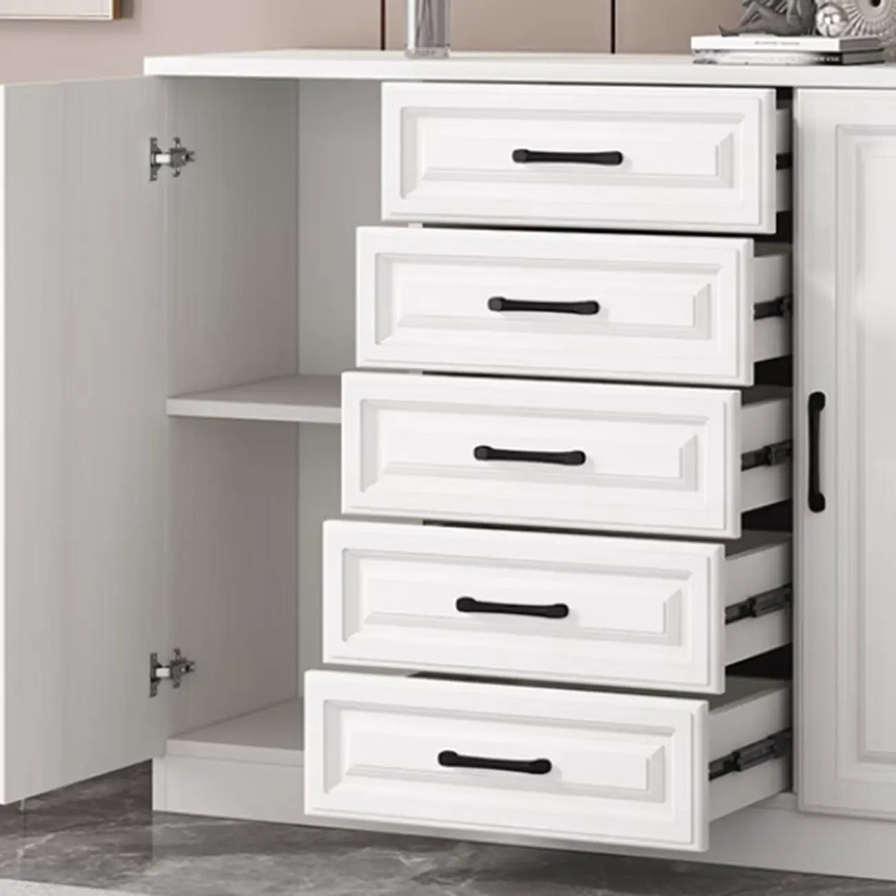 Meuble indépendant en bois blanc avec tiroirs et portes